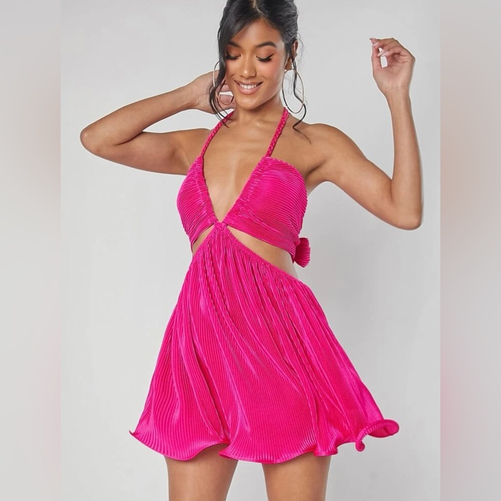 SHEIN X Minami Tie Backless Halter Dress, Hot Pink, Medium (6)